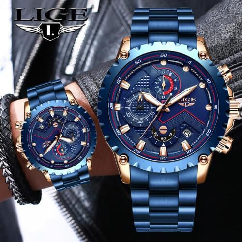 2020 LIGE New Fashion Mens Watches with Stainless Steel Top Brand Luxury Sports Chronograph Quartz Watch Men Relogio Masculino