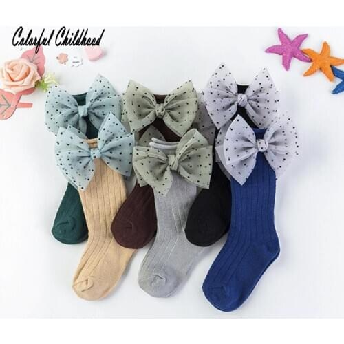 Baby Girls Colorful socks big bowknot lace with dot combed cotton knitted leg warmer Ankle protect winter/autumn wear sock 0-10Y