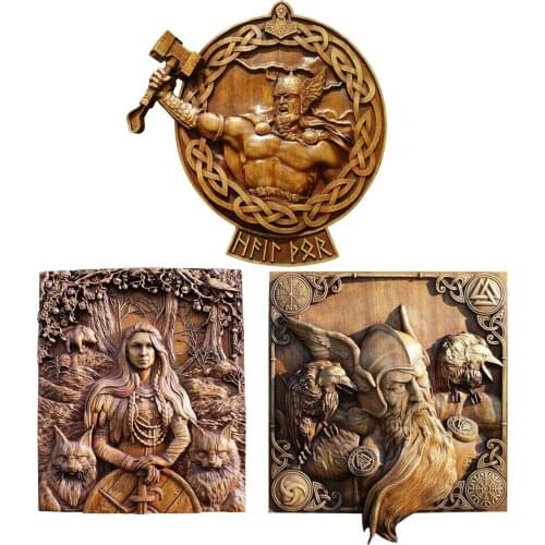 Wood Odin Ravens Viking Mythology Icon Wall Sculptures Norse Thor Wood Pagan Gods Carving Wall Hanging Decor for Home & fun