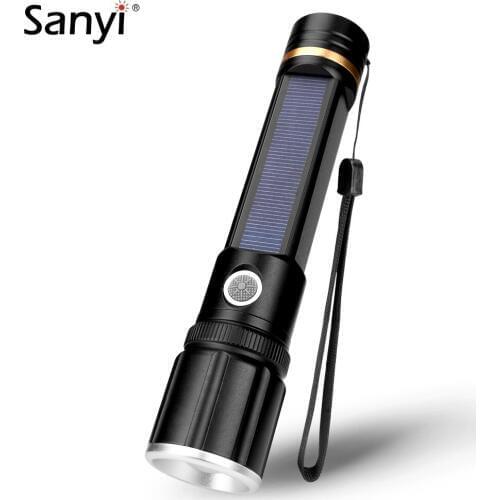 450lm LED Solar Flashlight Solar/USB Charging Torch Zoomable Flashlights Power Bank Work Light Pocket Compass Lamp for Outdoor