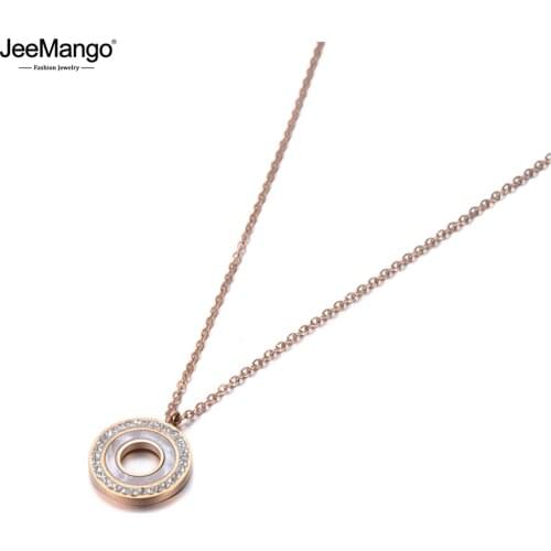 JeeMango New Titanium Steel Shell Circle Charm Pendant Jewelry Rose Gold CZ Crystal Choker Wedding Necklace For Women JN19092