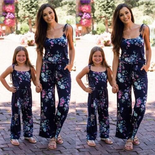 Family Matching Mommy and Me Floral Printed Jumpsuit Romper Kid Women Floral Strappy Playsuits Clothes Mother Daughter Clothes