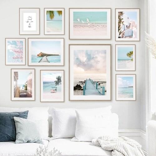 Sea Beach Waves Palm Peach Blossom Quote Wall Art Canvas Painting Posters And Prints Living Room Decoration Nordic Style Decor