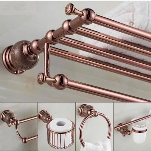 Brass and Jade Bathroom Accessories Set, Rose Gold Robe hook,Paper Holder,Towel Bar,Soap basket,Towel Rack bathroom Hardware set