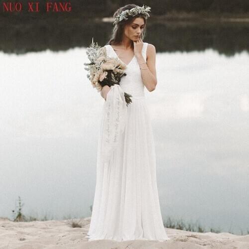 NUOXIFANG Simple Beach Wedding Dress 2020 V Neck A-line Chiffon Skirt Lace Top Boho Bride Dress Wedding Gowns vestido de noiva