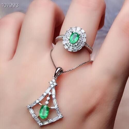 The best gift for engagement Emerald jewelry set Natural Real Emerald 925 sterling silver 1pc Emerald pendant,1pc Emerald ring