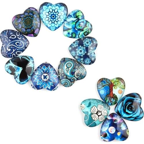 10/20pcs Heart-shape Blue Flowers Pattern Flat Back Seting 10/12/14/18/20/25mm Glass Cabochon For Jewelry Making Earring Pendant