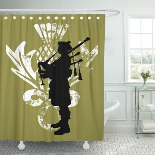 Bagpipe Silhouette of Bagpiper Wearing Scottish Kilt Thistle Scotland Shower Curtain Waterproof Polyester Fabric 60 x 72 Inches