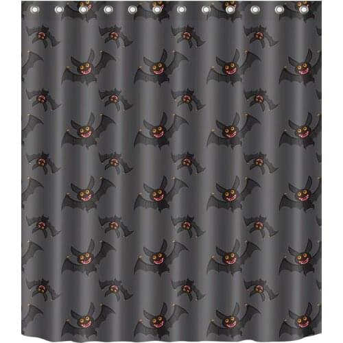 72'' Cute Flying Smiling Black Bats Bathroom Waterproof Fabric Shower Curtain Polyester 12 Hooks Bath Accessory Sets Halloween