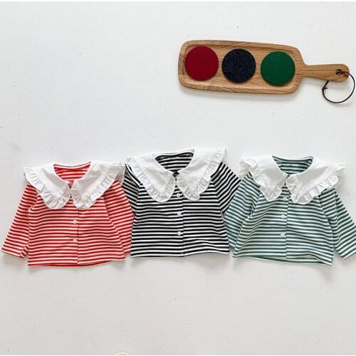 0-3Yrs New Spring Baby Girls Lace Collar T-shirt Children Childrens Kids Baby Girls Long Sleeve Stripe T-shirt