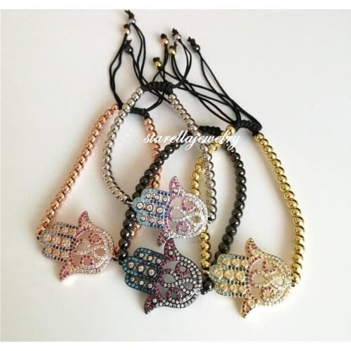10pcs/lot Micro Pave Cubic Zirconia Turkey Style Hollow Fatima Hamsa Bracelets Braided Marcame Bracelet Joyeria Accessory Gift