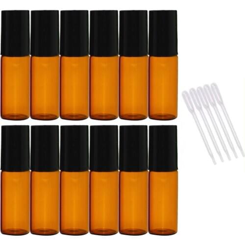 12 PCS 5ml Empty Dark Brown Glass Aromatherapy Perfume Essential Oil Roller Bottles Roll On Bottle 5 PCS 0.2ml Dropper