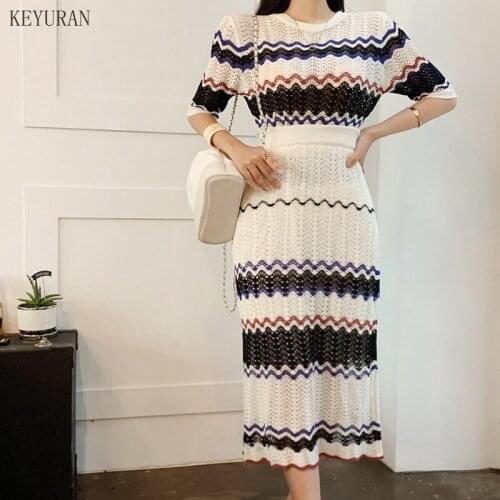 2021 Spring New Korean Striped Knitted Women Two Piece Sets Short Sleeve Tops + High Waist Long Skirt Suits Fashion Casual Sets