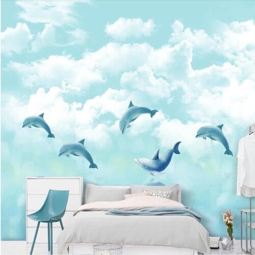 Milofi custom 3D wallpaper mural ocean sky white cloud dolphin childrens room living room bedroom background wall decoration pa