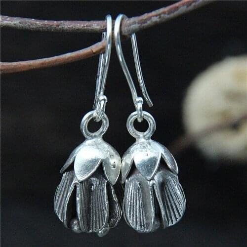 925 Sterling Silver Lantern Flower Earrings Handmade S925 Earrings Jewelry S925 Silver Big Earrings Thai silver Drop Earring