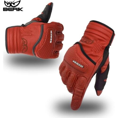 BERIK Mens Motorcycle Gloves Real Leather Black/Red/Brown Screen Touch Motorbike Glove Breathable Full Finger Moto Glove M-XXL