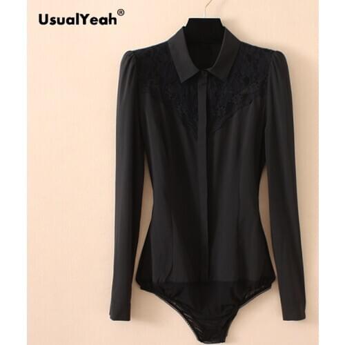 Black Lace Patch Turn-down Collar Bodysuit Women Shirts Hollow Out Long Sleeve Blouse Office Ladies Tops Blusa Feminina White