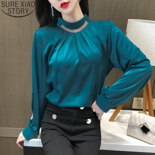 Elegant Office Lady Chiffon Blouse Women Long Sleeve Stand Collar Shirts 2021 Solid Plus Size Female Tops Blusas Mujer 13027