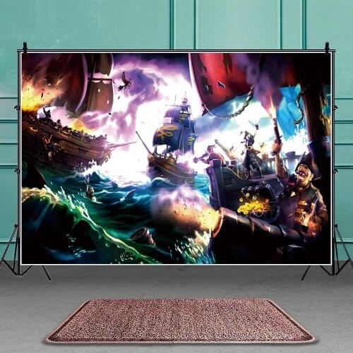 Magic Rainstorm Pirate Ships Fighting On Sea Photography Background Kids Birthday Theme Party Cartoon Backdrop Cake Table Decor