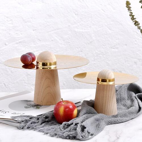 Ins Nordic fruit cake plate solid wood stainless steel Round plate living room high stand candy plate dessert tray
