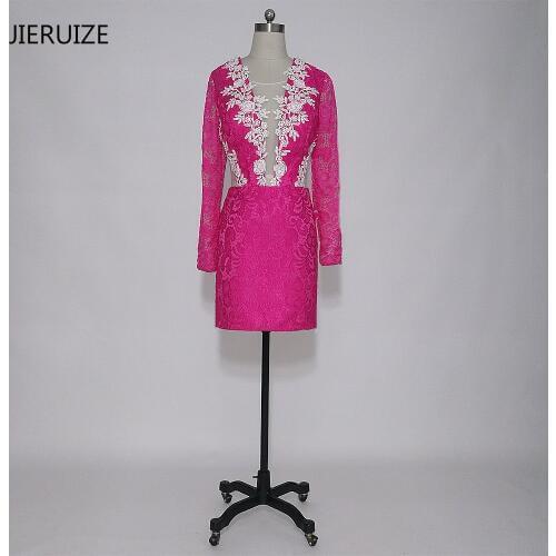 JIERUIZE Fuchsia Lace Short Prom Dresses 2018 Long Sleeves Sheer Back Short Party Dresses Short Cocktail Dresses
