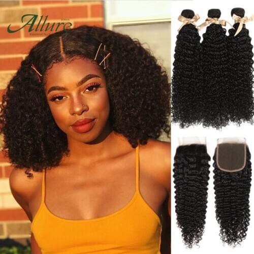 Kinky Curly Human Hair Bundles With Closure Peruvian Human Hair Remy Hair Weave Curly 3 4 Bundles With Closure Customized Allure