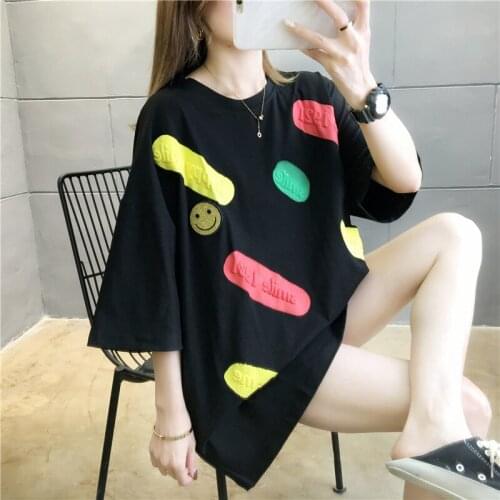 Summer T-shirt broken short-sleeved cute cartoon printed cotton round neck loose fashion T-shirt women