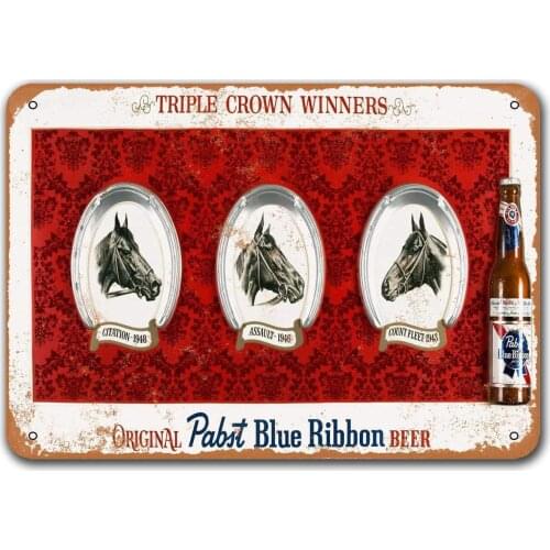 Retro Metal Tin Sign 1949 Triple Crown Horse Racing Winners and Pabst Beer Signs, Sisoso Plaque Poster Pub Wall Decor 8x12 inch