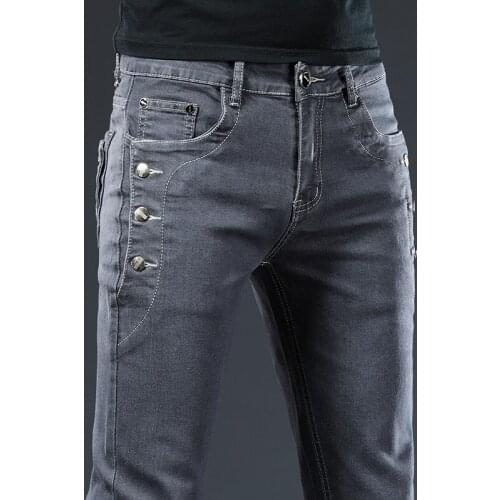 Button Side Men Jeans Slim Skinny Classic Casual All-match Dark Grey Office Casual Male Stretch Denim Pants Brand Clothing