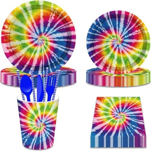 Happy Birthday Party Rainbow Tie Dye Carnival Festival Theme Disco Night Disposable Tableware Sets Baby Shower Party Decorations