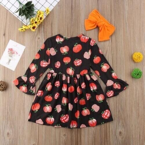 2020 New Halloween Kids Baby Girls Pumpkin Long Sleeve Party Dress Headband Outfits ropa de niños 0 a 5 años ropa de bebe niña