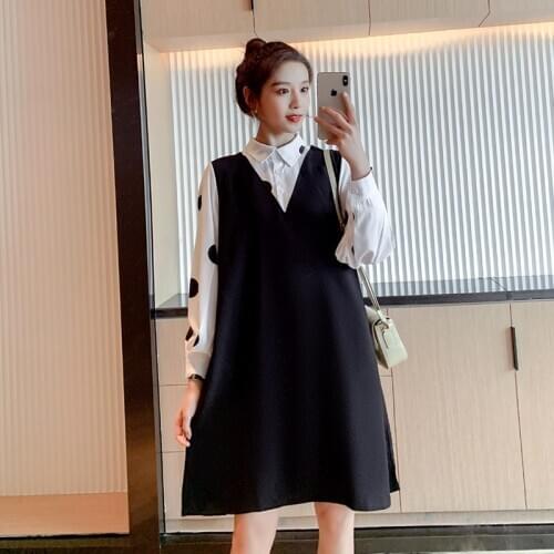 9561# Maternity Clothes Spring Autumn Long Sleeves Patchwork Loose Stylish Dress for Pregnant Women Pregnancy Clothes