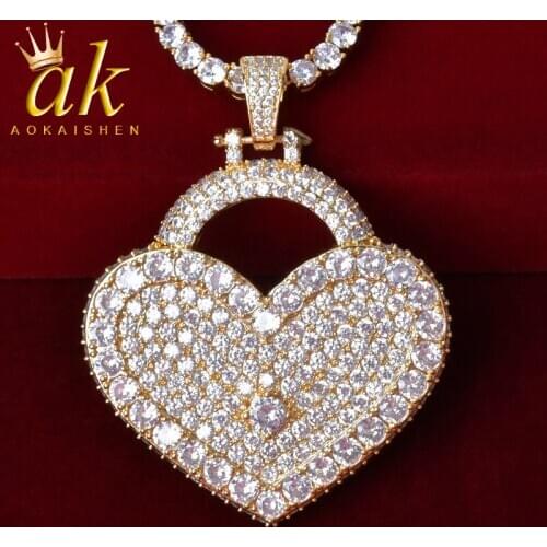 Big Heart Pendant Necklace Tennis Chain Gold Color Iced Zircon Mens Hip Hop Rock Jewelry 6.3x4.9cm