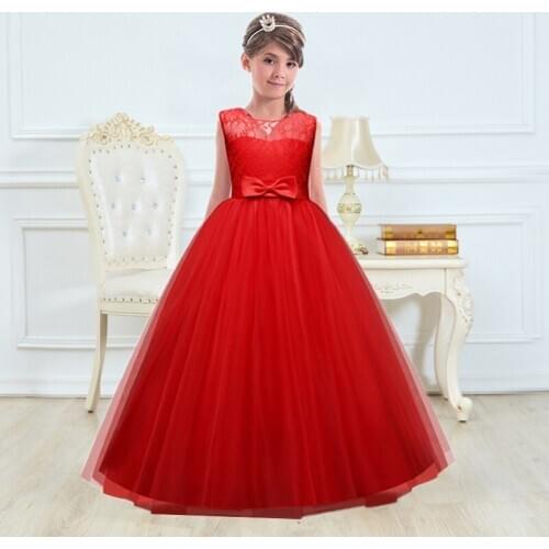 Christmas Red Costume Party Dresses For Girls Bridesmaid Dress Solid Evening Mesh Vestidos Kids Princess Ceremony Ball Gowns