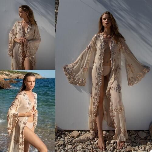 Sexy Illusion Long Sleeve Night Robes Custom Made Shiny Sequined Nightgowns Robes Women Sleepwear Modern Celebrity Dress