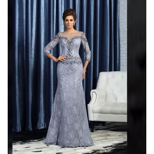 Silver Mother Of The Bride Dresses Mermaid 3/4 Sleeves Lace Beaded Plus Size Long Groom Mother Dresses For Weddings
