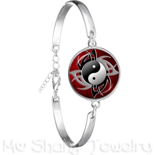 Vintage Yin Yang Bracelet Black White Cross Tai Ji Jewelry Glass Cabochon Silver Plated Bangle Yin Yang Women Girls For Gifts