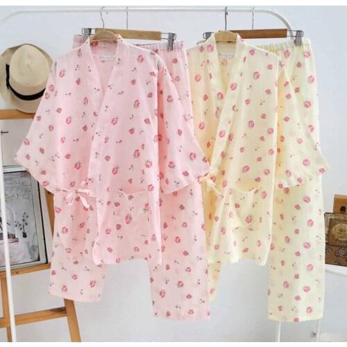 Japanese Kimono Women Men Traditional Japanese Yukata Robe and Pants Double Layered Cotton Gauze Pajamas Set
