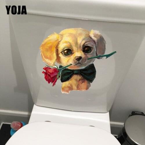 YOJA 21.3*18.5CM Dog With Rose In Watercolor Wall Decals Lovely Cartoon Toilet Sticker T1-0308