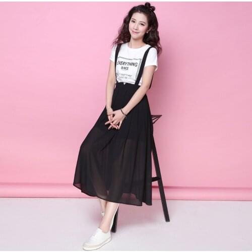 Customize Womens Bohemian Pleated Braces midi-calf Skirt Preppy Ruffle Chiffon Suspender loose Skirts with shoulder straps