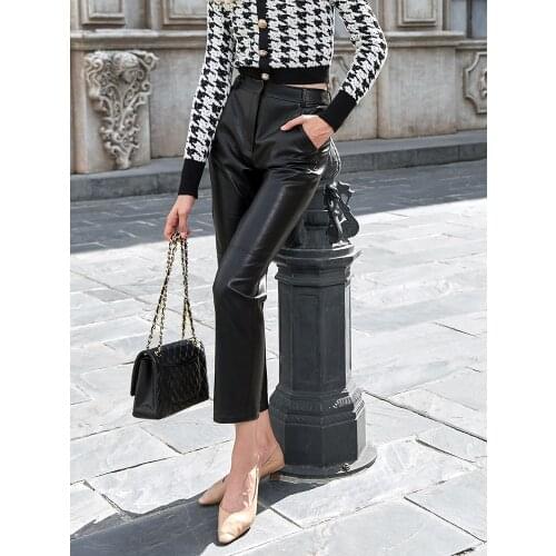 England style great quality Fashion ankle length pleated leather pants Spring female High waist was thin pu leather Pants F861
