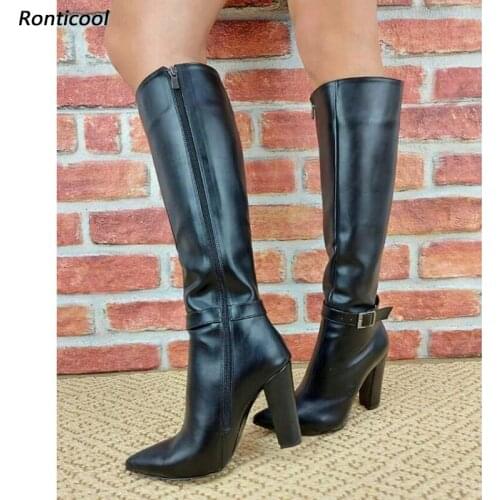 Ronticool New Women Winter Knee High Boots Side Zipper Block Heels Pointed Toe Elegant Black Club Shoes Women Plus US Size 5-15