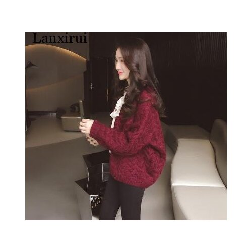 Cardigan Women New Spring Coat Collar Korean Loose Burgundy Twist Sweater Backing Female Casual