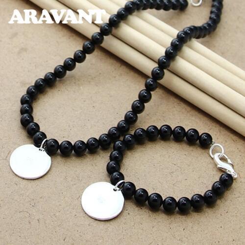Pearl Jewelry Sets 925 Silver Jewelry Round Black Freshwater Pearl Necklaces Bracelets For Women Jewelry Gift