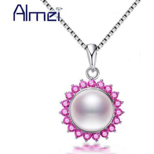 Almei 2018 40% Cute Flower Simulated Pearl 925 Sterling Silver Women Necklace Pendants Jewelry Dropshipping With Box LN185