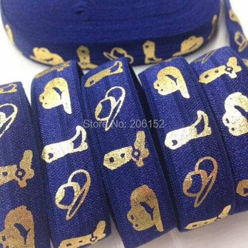 5/8" Cowboy Hat Printed Fold Over Elastic Ribbon Cowboy Boot Print Navy Blue FOE Ribbon Webbing For DIY Hair Accessories 10Y/lot