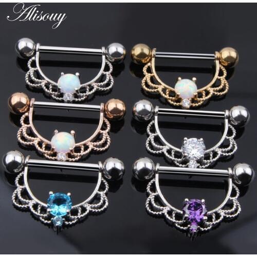 Alisouy 1 PCS Cool OPAL Stone Piercing Nipple Ring 14G Septum Nose Piercing Women Opal Nipple Piercings Body Jewelry Piercing