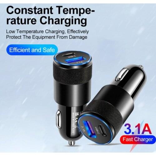 15W 3.1A USB+PD Car Charger LED 2 Port Aluminum Alloy Mobile Phone Car Fast Charging Charger Adapter For IPhone 12 Tablet DRV