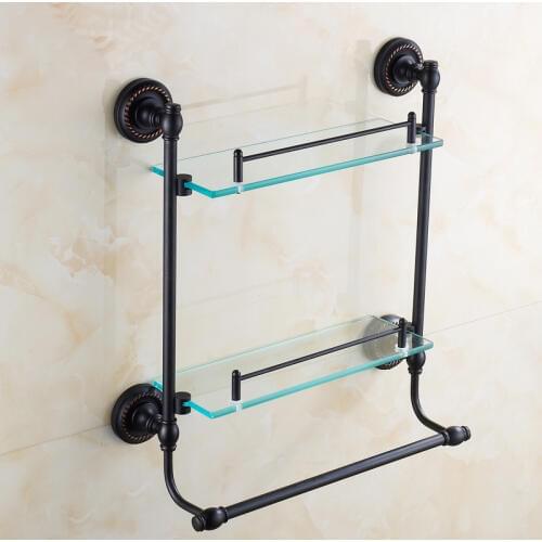 Oil Rubbed Bronze dual tier bathroom shelf black, Copper glass rack shelf towel bar, Antique bedroom dresser shelf wall mounted