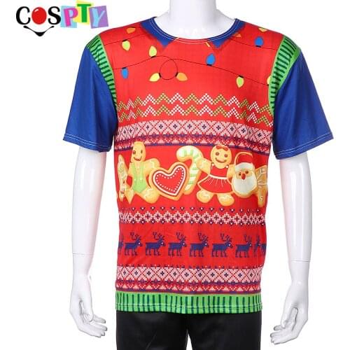 Cospty Xmas Carnival Party Costume Printed Cartoon Men Top Short Sleeve Cosplay ChristmasT Shirt